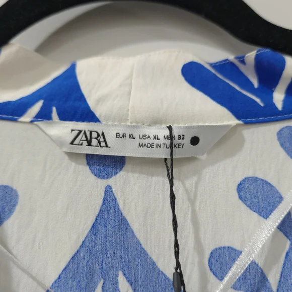 ZARA Cobalt Blue Botanical Print Long Sleeve V-Neck Tiered Babydoll Mini Dress - Picture 4 of 15